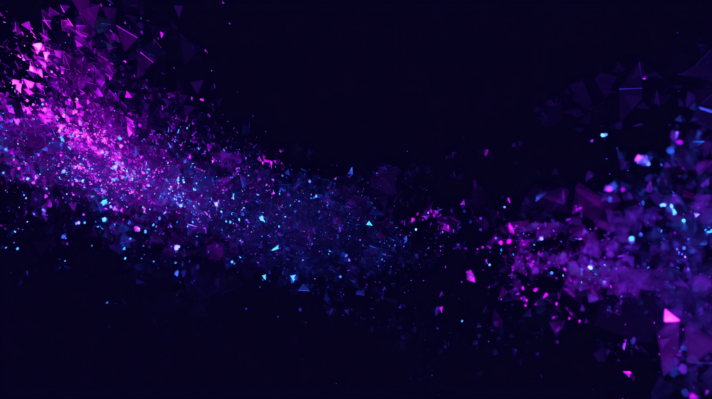 Abstract purple and violet geometric illustration of a path cutting through scattered shapes toward alignment, on a near-black background.