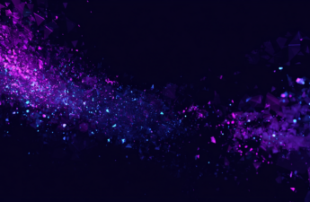 Abstract purple and violet geometric illustration of a path cutting through scattered shapes toward alignment, on a near-black background.
