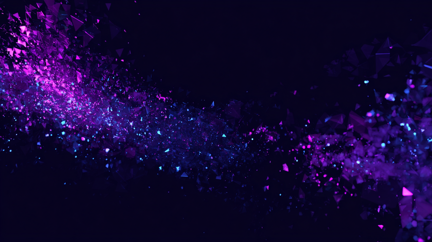 Abstract purple and violet geometric illustration of a path cutting through scattered shapes toward alignment, on a near-black background.