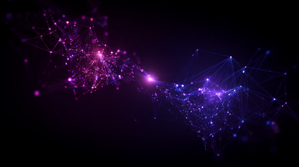 An abstract illustration of two paths meeting at a single point, one leading to a network of nodes and the other to a single figure, representing a media strategy built for both AI systems and human readers.