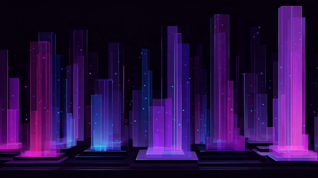 Abstract illustration of purple geometric columns on a dark background, with the shortest column raised on a platform to the height of the others.