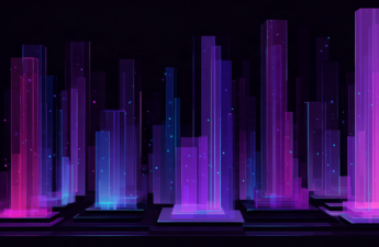 Abstract illustration of purple geometric columns on a dark background, with the shortest column raised on a platform to the height of the others.