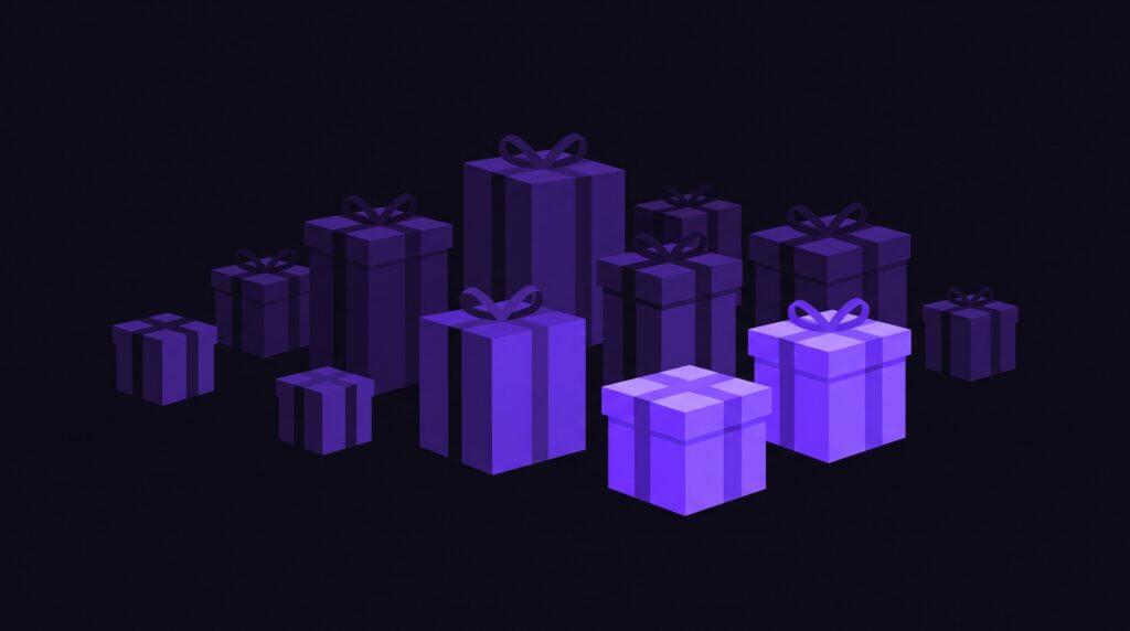 Abstract illustration of geometric gift-box shapes, with a few lit and pulled ahead of the rest, symbolizing early holiday season readiness.