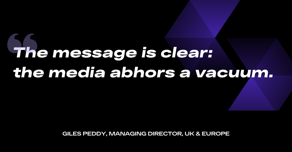 Pull quote reading 'The message is clear: the media abhors a vacuum,' on a dark purple SourceCode branded card.