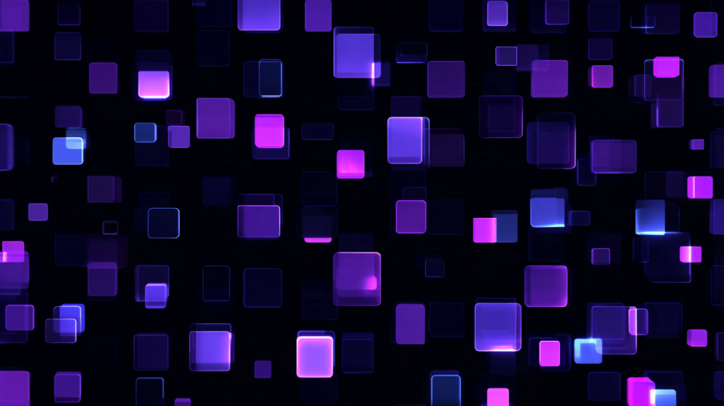 Abstract grid of purple rectangles with one bright violet shape set apart and connected to a single shape on the right.