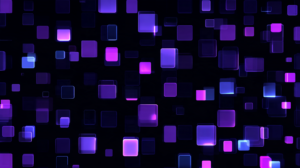 Abstract grid of purple rectangles with one bright violet shape set apart and connected to a single shape on the right.