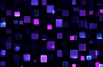 Abstract grid of purple rectangles with one bright violet shape set apart and connected to a single shape on the right.