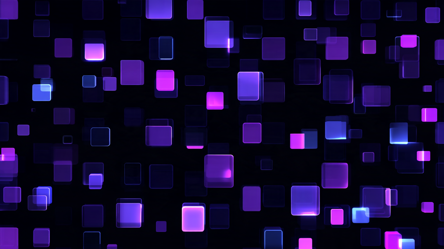 Abstract grid of purple rectangles with one bright violet shape set apart and connected to a single shape on the right.