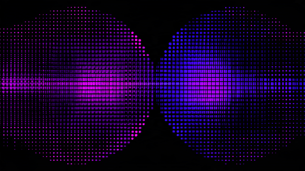 Abstract illustration of a rigid grid of purple squares, with two rounded shapes at its centre joined by a single curved line.