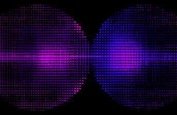 Abstract illustration of a rigid grid of purple squares, with two rounded shapes at its centre joined by a single curved line.