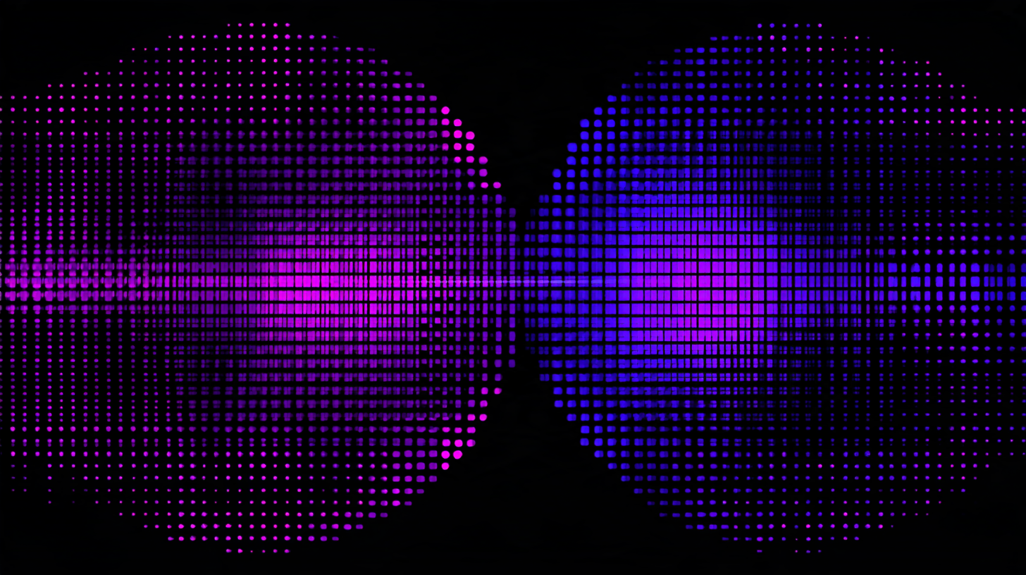Abstract illustration of a rigid grid of purple squares, with two rounded shapes at its centre joined by a single curved line.