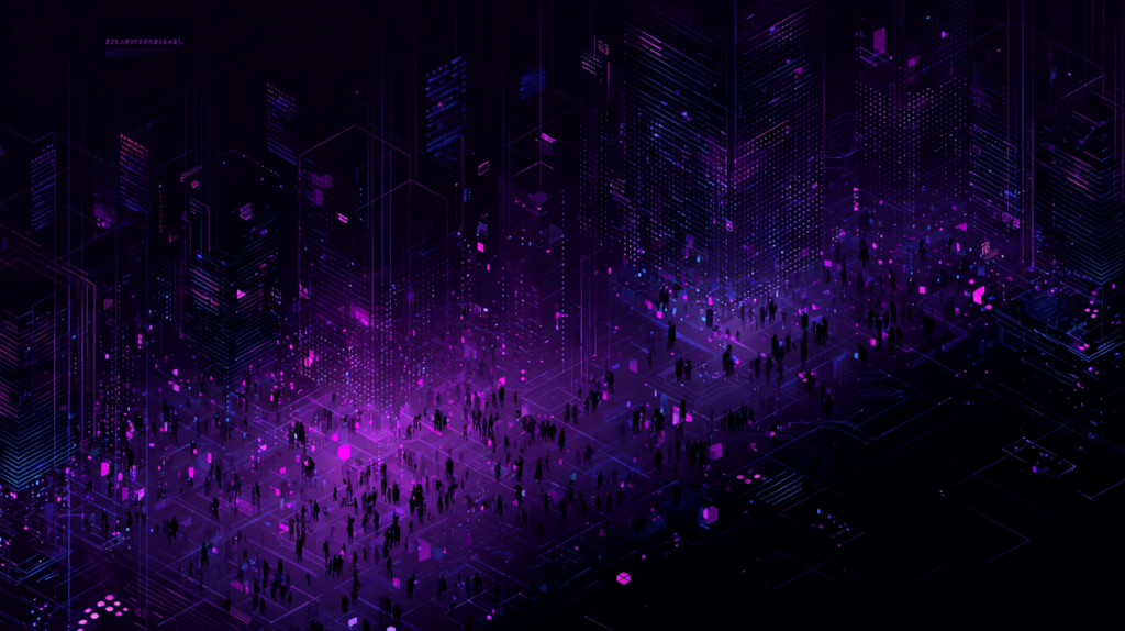 Abstract illustration of a public plaza emptying as shapes drift toward small glowing private rooms, representing the shift from public social platforms to private communities.