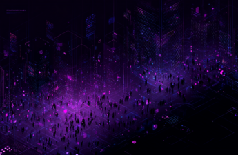Abstract illustration of a public plaza emptying as shapes drift toward small glowing private rooms, representing the shift from public social platforms to private communities.