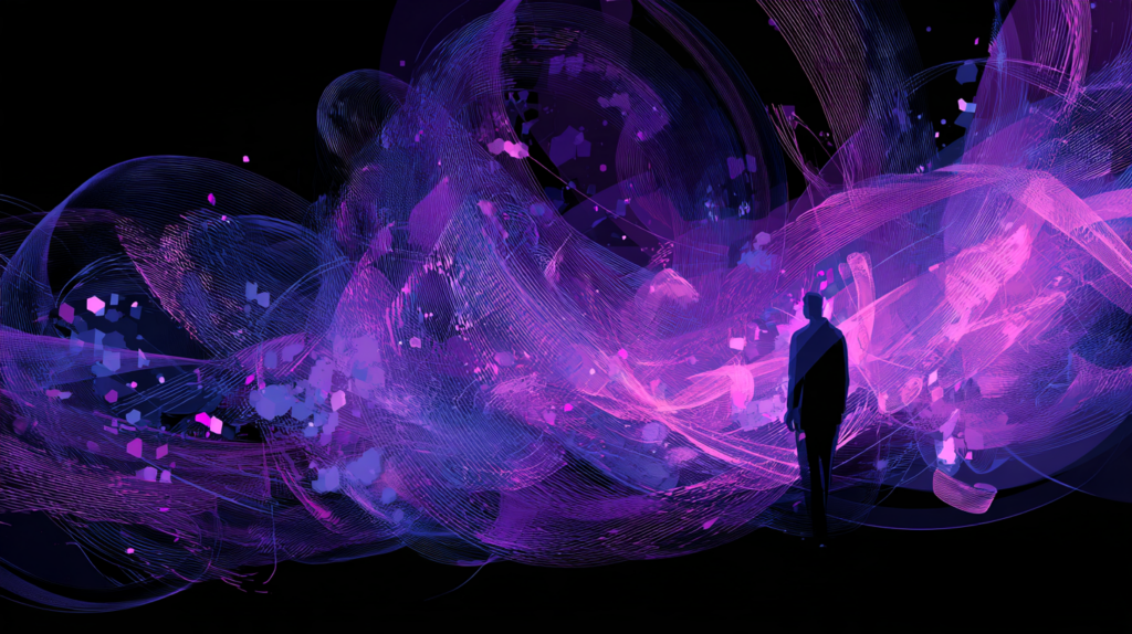 Abstract illustration of a human figure standing steady amid fast-moving shapes, representing human judgment in the age of AI.