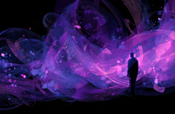 Abstract illustration of a human figure standing steady amid fast-moving shapes, representing human judgment in the age of AI.