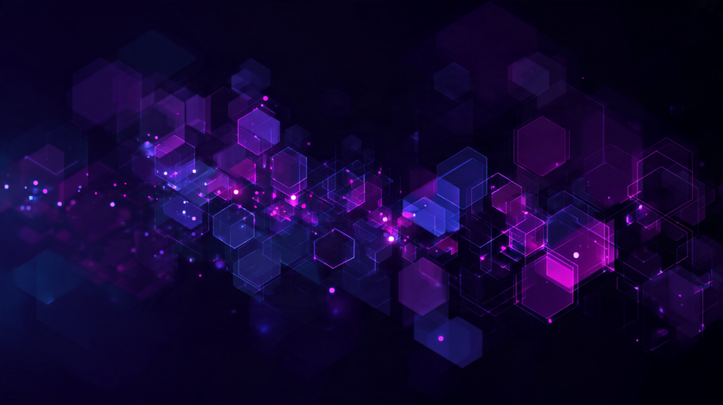 Abstract illustration of two shapes connecting across a divide, in purple and near-black tones.