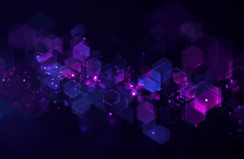 Abstract illustration of two shapes connecting across a divide, in purple and near-black tones.