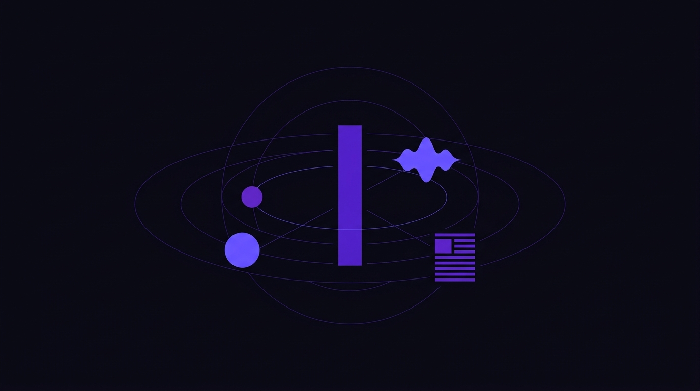Abstract illustration of a central purple column connected to smaller shapes, representing new media channels alongside traditional news.