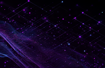 Abstract grid of purple lines and nodes on a dark background, crossed by a band of flowing wave lines.