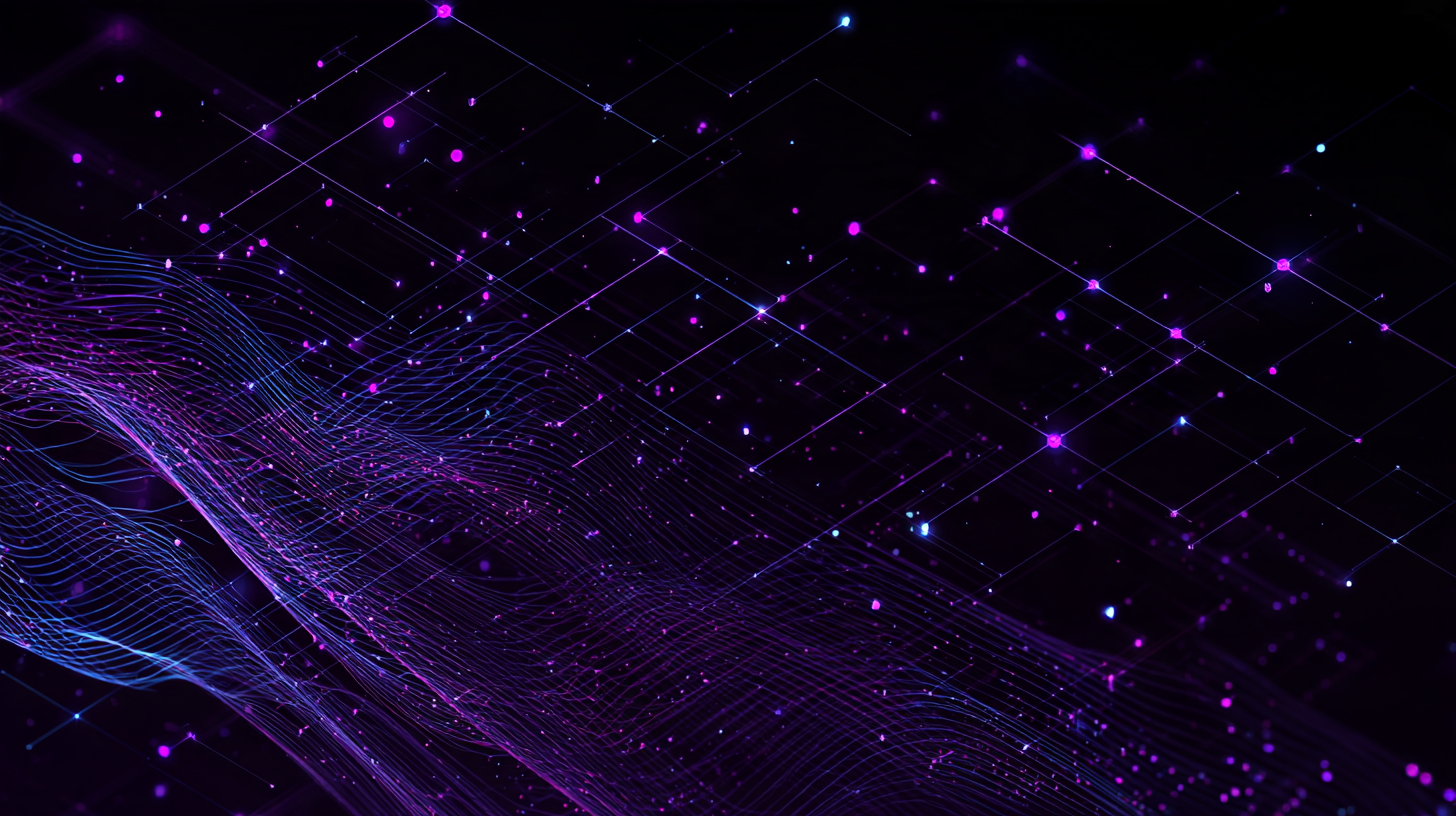 Abstract grid of purple lines and nodes on a dark background, crossed by a band of flowing wave lines.