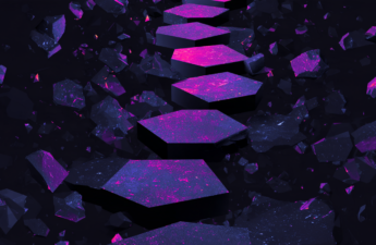 Abstract illustration of a row of solid purple stepping stones crossing a dark field of broken fragments.