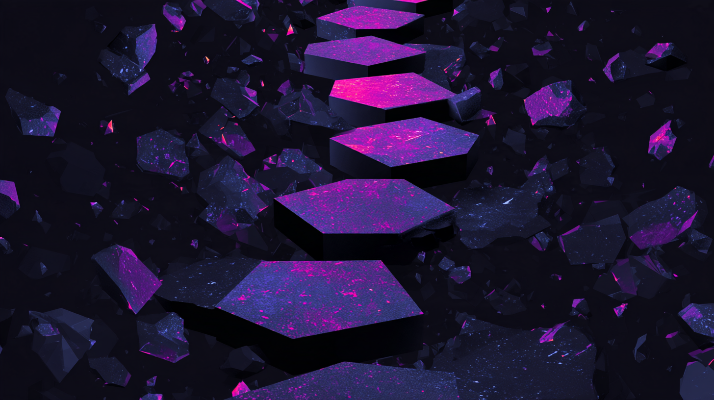 Abstract illustration of a row of solid purple stepping stones crossing a dark field of broken fragments.