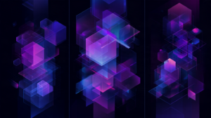 Abstract illustration of three separate clusters of purple geometric shapes divided by wide empty channels on a dark background.