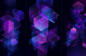 Abstract illustration of three separate clusters of purple geometric shapes divided by wide empty channels on a dark background.