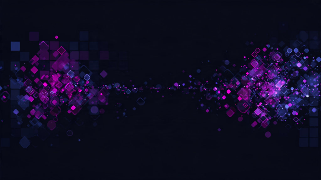 Abstract illustration of two clusters of geometric shapes, one compact and one sprawling, joined by a single line across a dark gap.