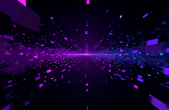 Abstract illustration of a purple line driving straight to a bright target beside a loose field of drifting violet shapes on a dark background.
