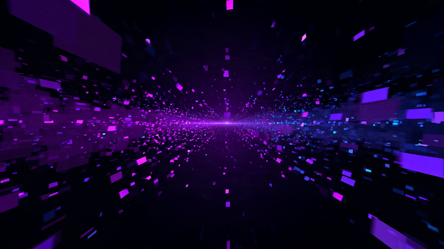 Abstract illustration of a purple line driving straight to a bright target beside a loose field of drifting violet shapes on a dark background.